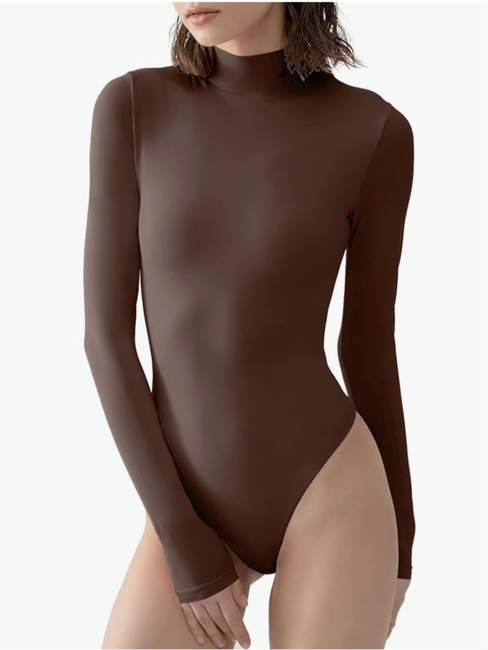 NWT Pumiey Chocolate Long-Sleeve Mock Neck Thong Bodysuit Sz Small